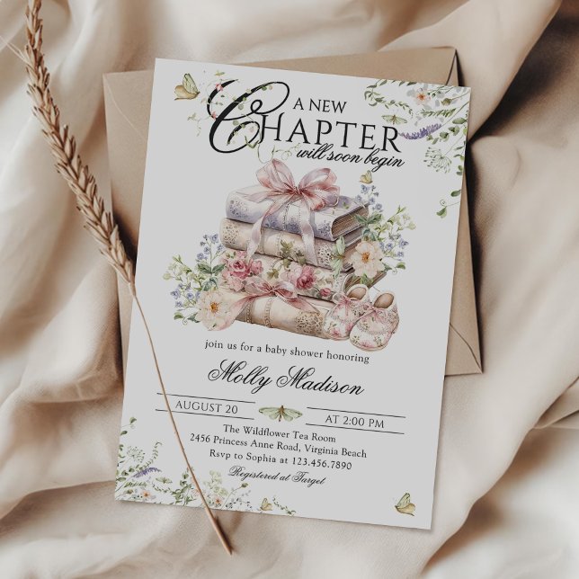 Ny kapitel Börjar Blommig Bow Bok Bok Baby Shower Inbjudningar (Skapare uppladdad)