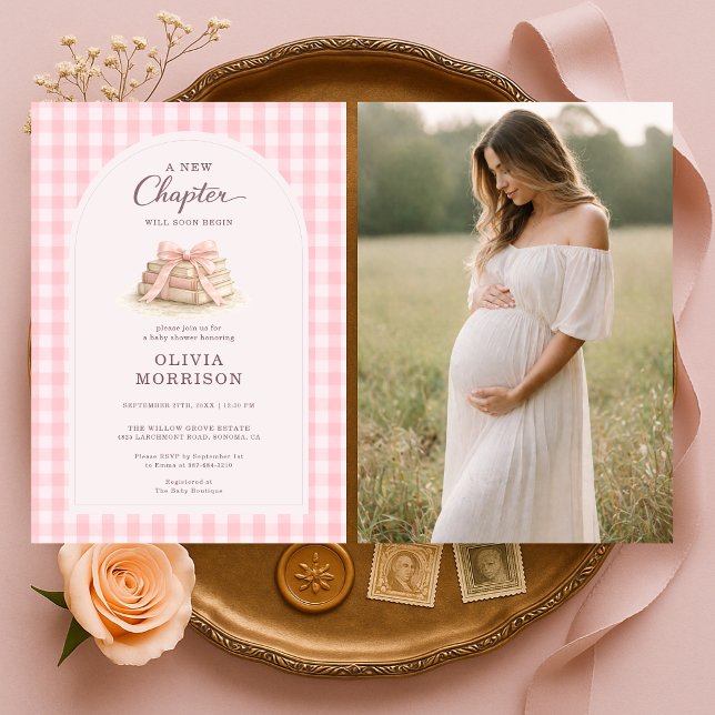 Ny Kapitel Börjar Rosa Båge Foto Babyfirande Inbjudningar (Skapare uppladdad)