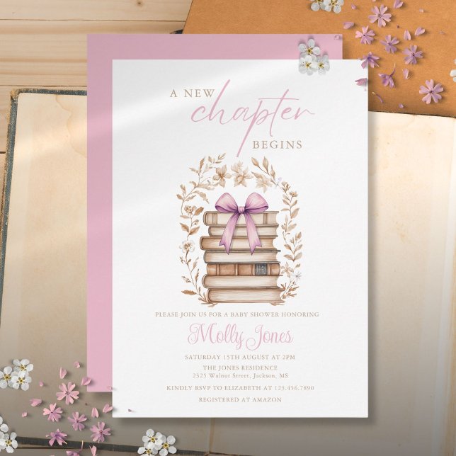 Ny kapitel saga bok pink båge baby shower inbjudningar (New Chapter Storybook Pink Bow Baby Shower Invitation)
