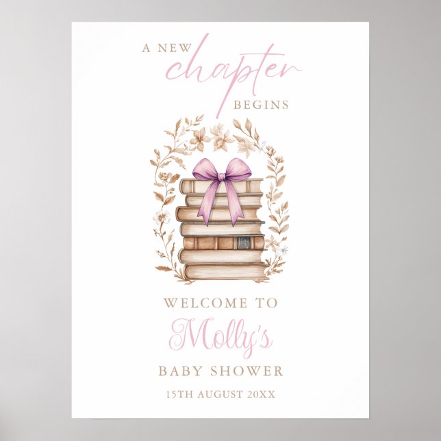 Ny Kapitel Sagobok Rosa Baby Shower Välkommen Poster (Framsidan)
