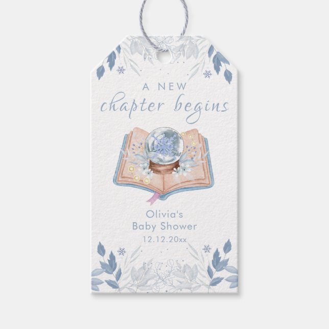 Ny Kapitel Vinter Blommig Snöboll Baby Shower Presentetikett (Framsidan)