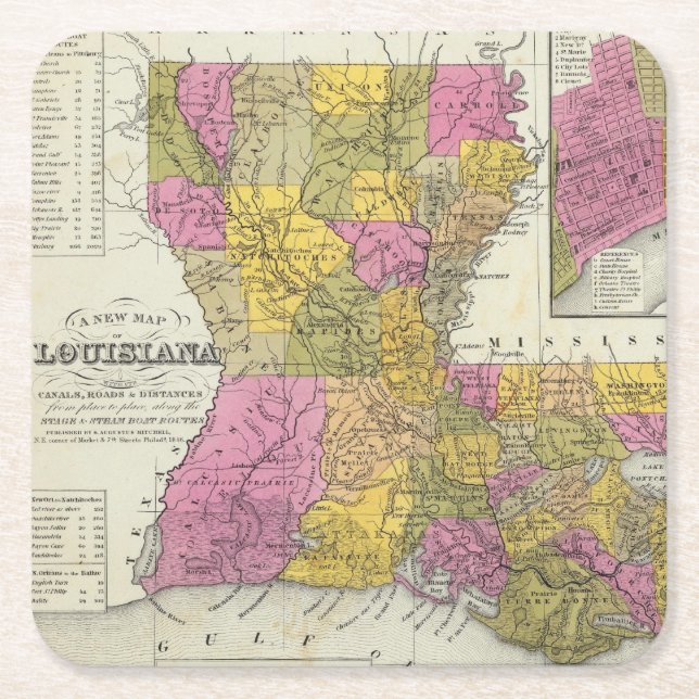 Ny karta av Louisiana 3 Underlägg Papper Kvadrat (Framsidan)