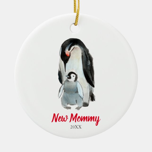 Ny Mamma Penguin Newborn Baby Första jul Julgransprydnad Keramik (Framsidan)