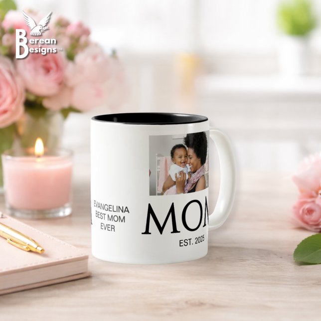 Ny Mamma Present Anpassad Text Foto Mamma Etablera Två-Tonad Mugg (MOM ESTABLISHED Photo Mug with customizable photos, year & custom note Ideal gift for Mother's Day. )