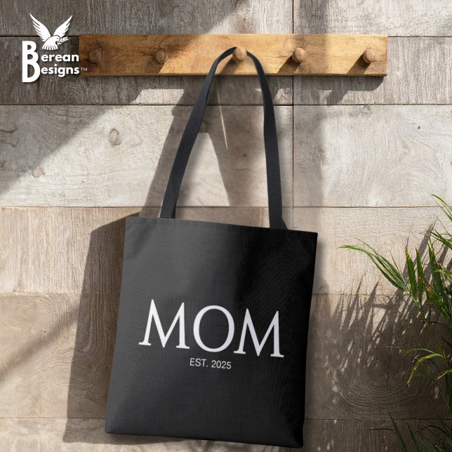 Ny Mamma Present Mamma Estalperad Tygkasse (MOM ESTABLISHED Black Tote Bag with customizable year. Ideal gift for Mother's Day and mom groups.)