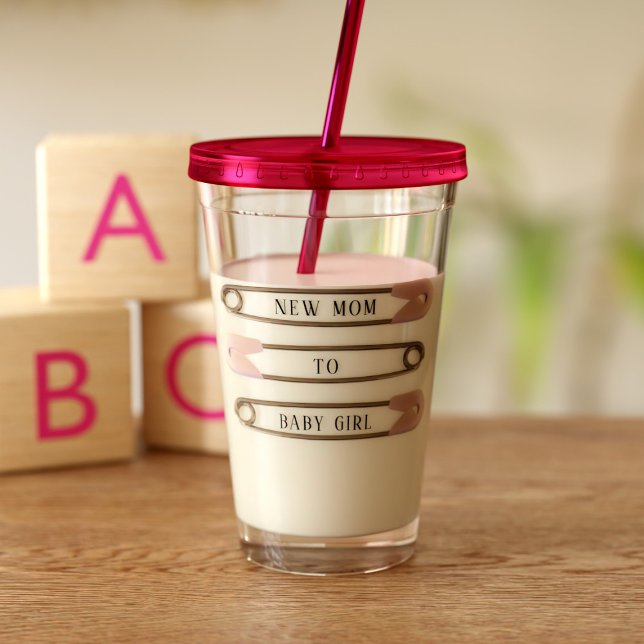 Ny mamma till Flicka-bläddringsbladet Take Away Mugg (Add your name and baby name to this cute pink tumbler. Makes a useful gift for the new mom)