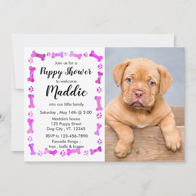 Ny marionett - Rosa Girl New Pet - Hund Birthday P Inbjudningar (Framsida)