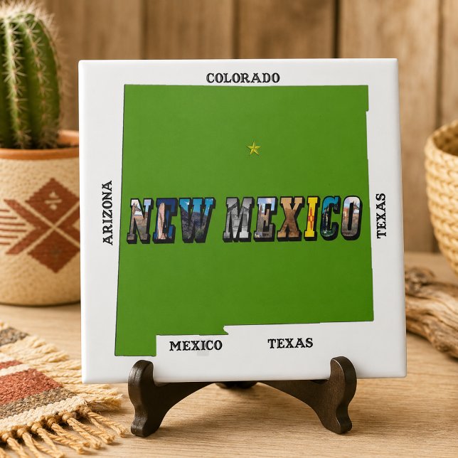 Ny Mexiko Kartöversikt Foto Text Kakelplatta (New Mexico Map Outline Photo Text Tile)