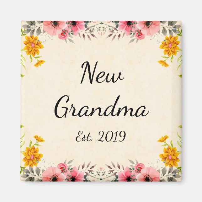 Ny mormor Est. 2019 Ny Blommigt för mormor Magnet (Framsidan)