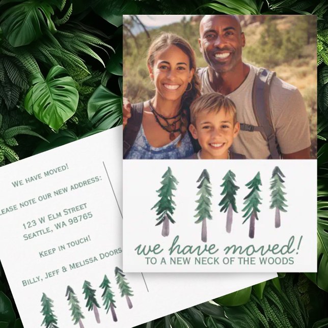 NY NYLAD TRÄD Watercolor TRÄD Anpassad FOTO Vykort (Custom moving announcement postcard - add your own photo.  We have moved to a new neck of the woods)