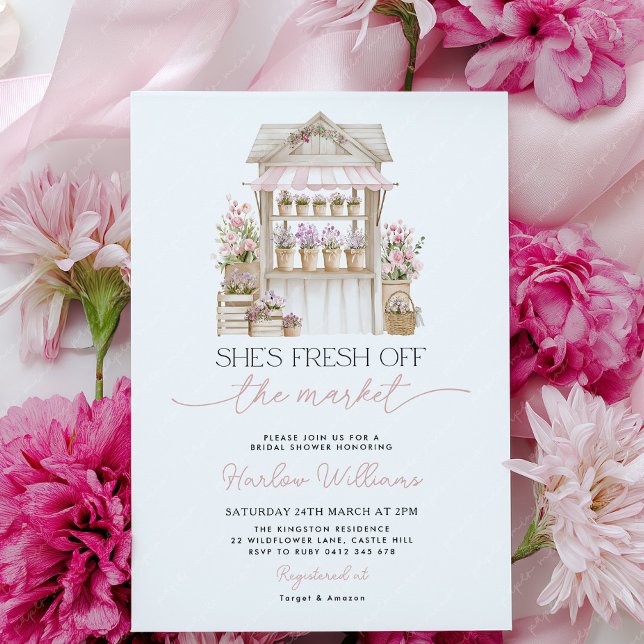 Ny på marknaden Blomster Rosa Bröllopsfest  Inbjudningar (She's fresh off the market! Flower cart Bridal Shower Invitation | Pink Flowers)