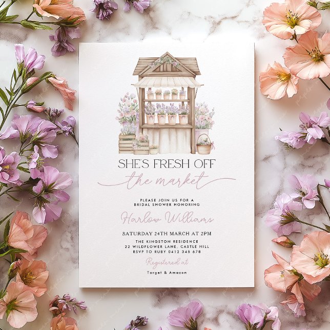 Ny på marknadens blommarknad bröllopsdusch inbjudningar (She's fresh off the market | Bridal Shower Invitation | Flower Cart)