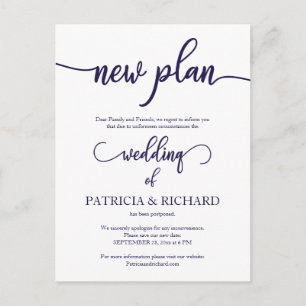 Ny plan försenad bröllop Navy Blue Script Vykort