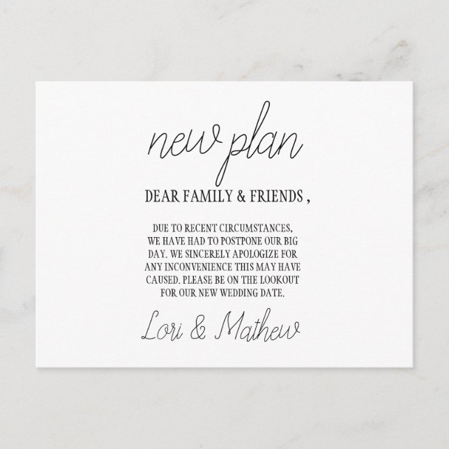 Ny plan tillfälle ändring av datum tillkännagivand meddelande vykort (Framsida)