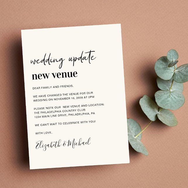 Ny Plats Kräm Bröllop Uppdatering Meddelande (A chic change of venue announcement. Our user-friendly template allows you to easily customize)