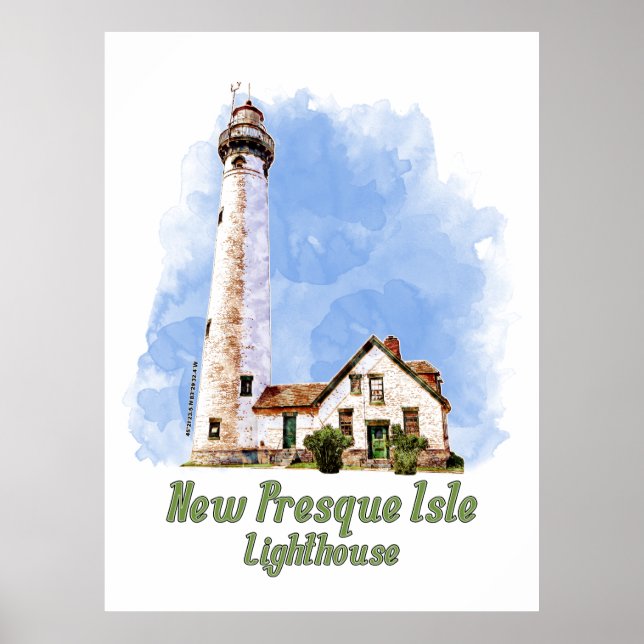 Ny Presque Isle fyr Vattenfärg - Michigan Poster (Framsidan)