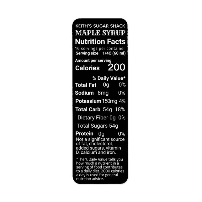 NY Returadress Maple Syrup Nutrition Black Etikett (Framsidan)