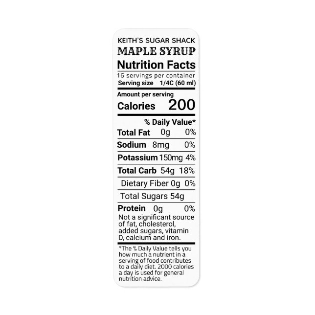 NY Returadress Maple Syrup Nutrition White Returadress Etikett (Framsidan)