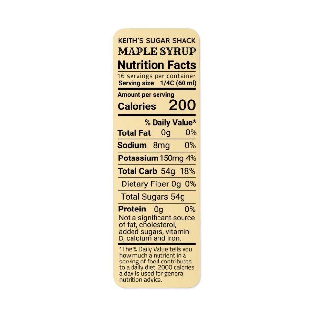NY Returadress Storlek Maple Syrup Nutrition Guld Etikett (Framsidan)
