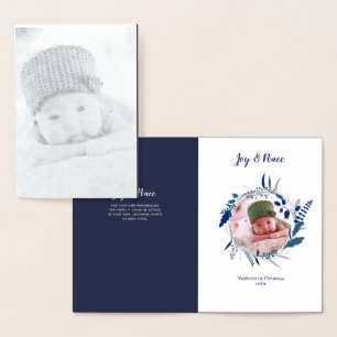 NY Silver FOIL Baby PHOTO Birth Notification BLUE Folierat Kort
