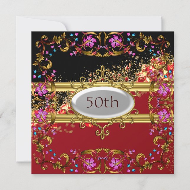 Ny svart röd Födelsedagsfest blomma Ram Inbjudningar (Framsida)