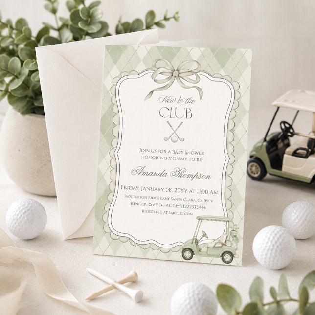 Ny till golfklubben baby shower inbjudningar (Preppy sage green golf cart baby shower invitation with argyle pattern and country club style.)