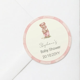 Ny till klubben rosa golfbjörn baby shower runt klistermärke