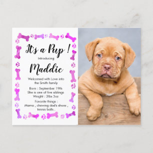 Ny Valp - Rosa Tjej Ny Djurfödelsedag Hund Valp Meddelande Vykort