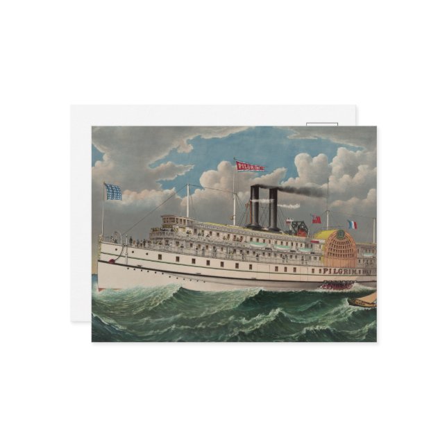 NY Voyage Grand PaddleWheel Steamboat Pilgrim Vykort (Fram/Back In Situ)