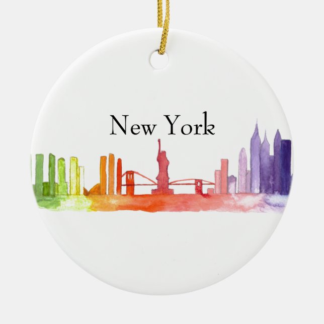 NY YORK CITY-skyline Watercolor-illustration Julgransprydnad Keramik (Framsidan)