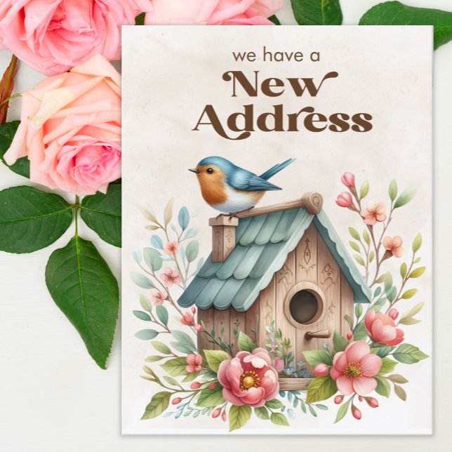 Nya adress Flytta Announcement Birdhouse Flowers Meddelande Vykort (Pink flowers and birdhouse change of address postcard)