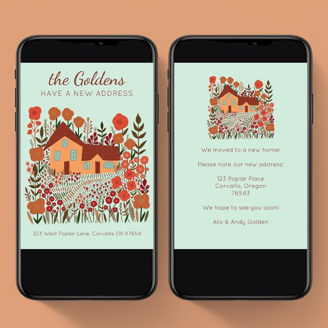 Nya Adress Flytta Farmhouse Flowers Hösten Kort (New Home Address Moving Farmhouse Flowers Autumn Digital Email Tree-Free Card)