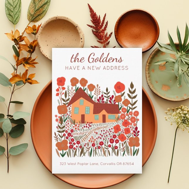 Nya Adress Flytta Farmhouse Flowers Hösten Kort (Sweet moving announcement new home custom card. Available as digital or paper card. Autumn colors)