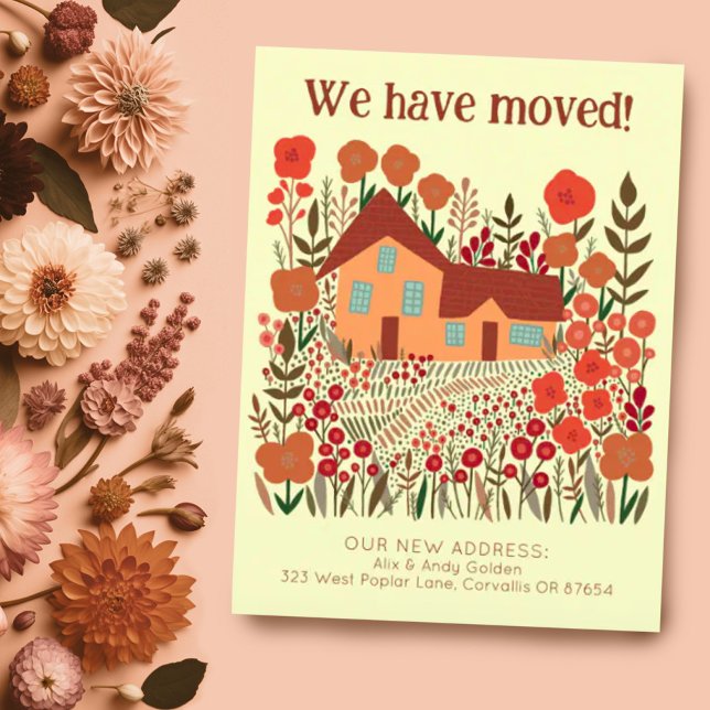 Nya Adress har vi Flyttat jordbruksblommor Vykort (We have moved address change new home moving announcement custom postcard w cute house & flowers )