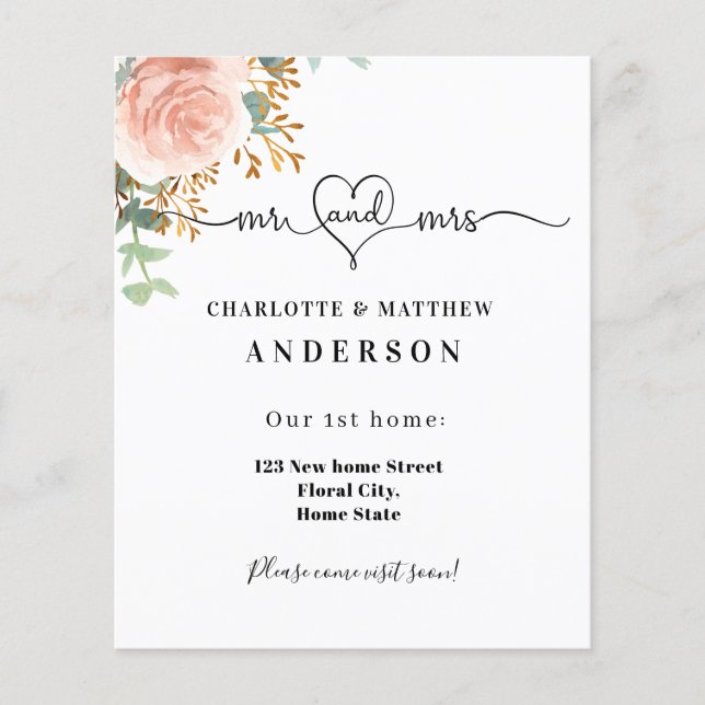 Nya adress ro guld blommigt  flytta i flygblad (Framsidan)