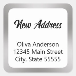 Nya adress Silver White- och Black-skript och Namn Fyrkantigt Klistermärke