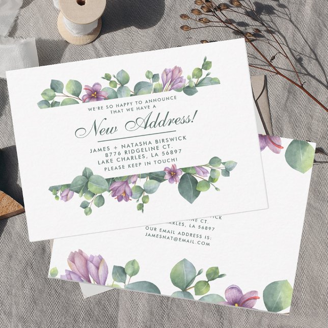 Nya adress Vi har Flyttat botaniska eukalyptus Anteckningskort (Eucalyptus Greenery Script Elegant Moving Announcement Card)