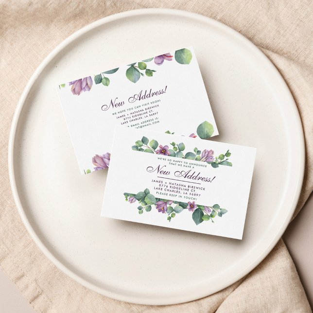 Nya adress Vi har Flyttat botaniska eukalyptus Anteckningskort (Purple Green Eucalyptus Botanical Moving Announcement Notecard)