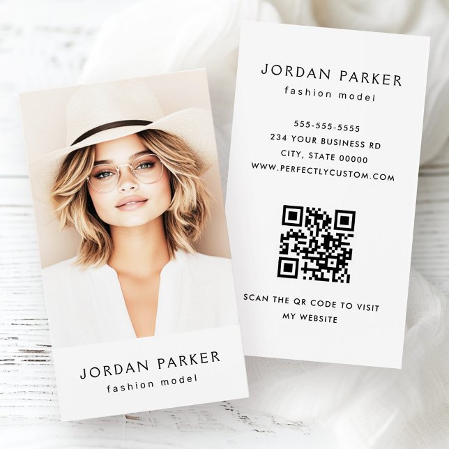 Nya affärskort för fotot QR-mode-modell, vita Visitkort (Photo QR code fashion model white business cards)