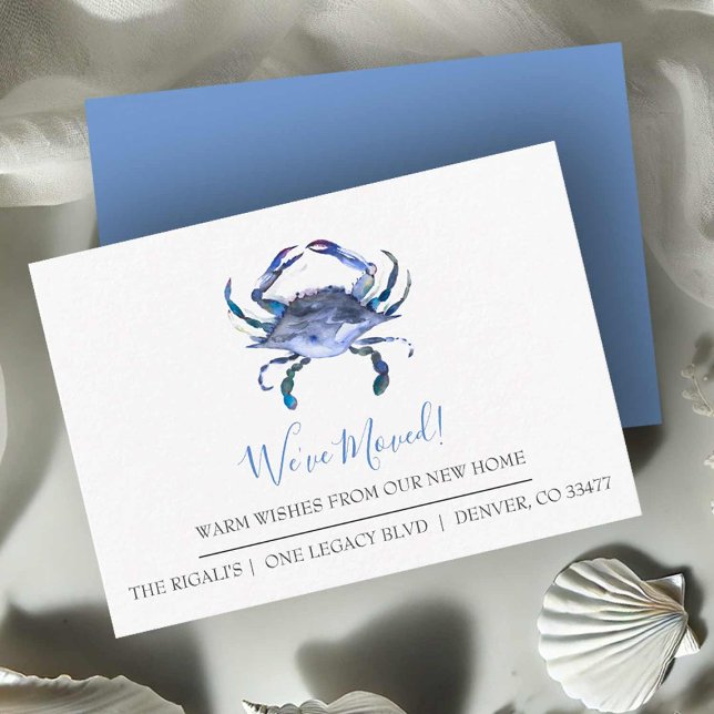Nya Affärspresentkort för Flytt till Ny Strandtomt Tilläggskort (Business moving announcement cards watercolor blue crab art by Victoria Grigaliunas Do Tell A Belle)