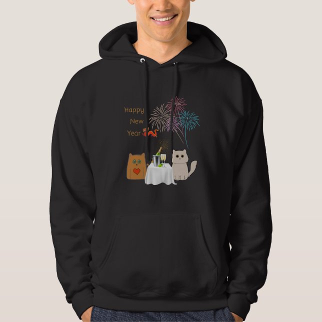Nya år Fireworks och Cats Elegant Firande Hoodie (Framsida)