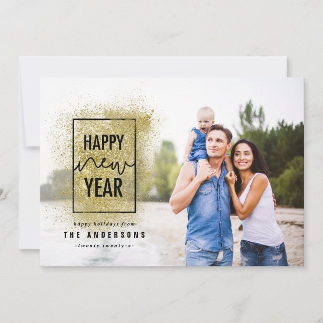 Nya år i det moderna minsta typografin guld glitte julkort (Framsida)