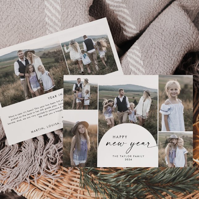 Nya år i Modern Boho Arch Multi Photo Family News Julkort (Skapare uppladdad)