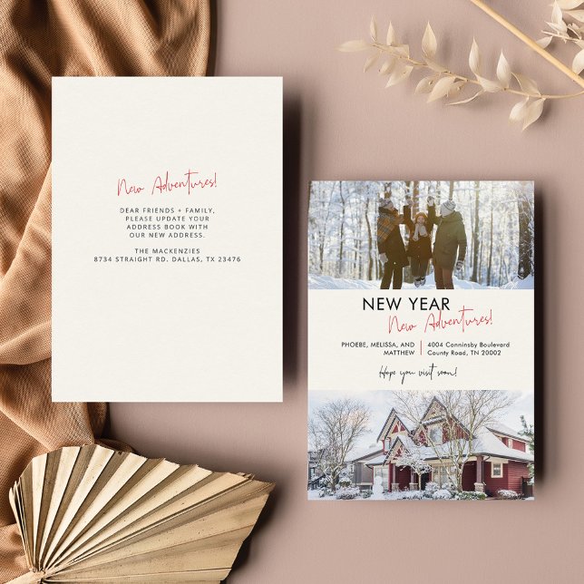 Nya året Äventyr - Förändring av Adress Flyttans h Anteckningskort (Family Photo New Year Moving Announcement Note Card)