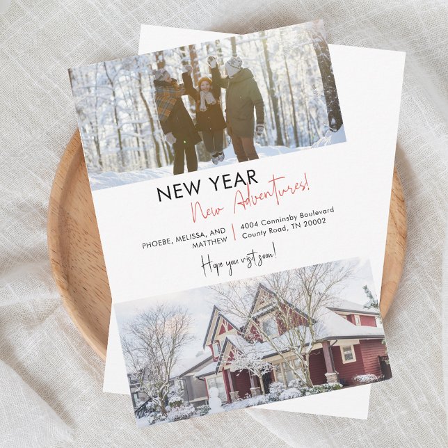 Nya året Äventyr Helgdag Flytta Meddelande om  (New Year Family Photo New Address Moving Announcement)