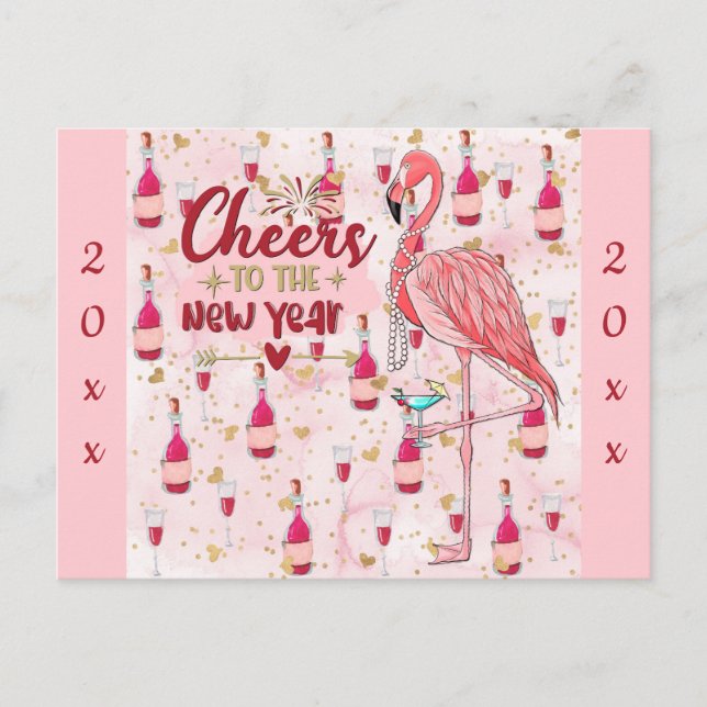 Nya året Cute Rosa Flamingo Champagne Vykort (Framsida)