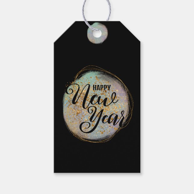 Nya året för Svarta Guld Glitter Presentetikett (Framsidan)