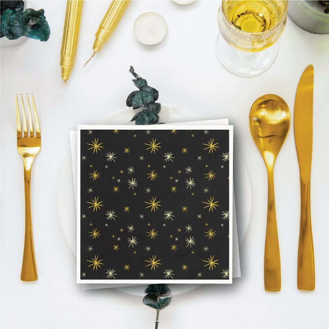 Nya året Modern Guld-stjärnor Mönster-Snyggten Pappersservett (New Year Modern Gold Starbursts Pattern Stylish Paper Napkins @ fat_fa_tin)