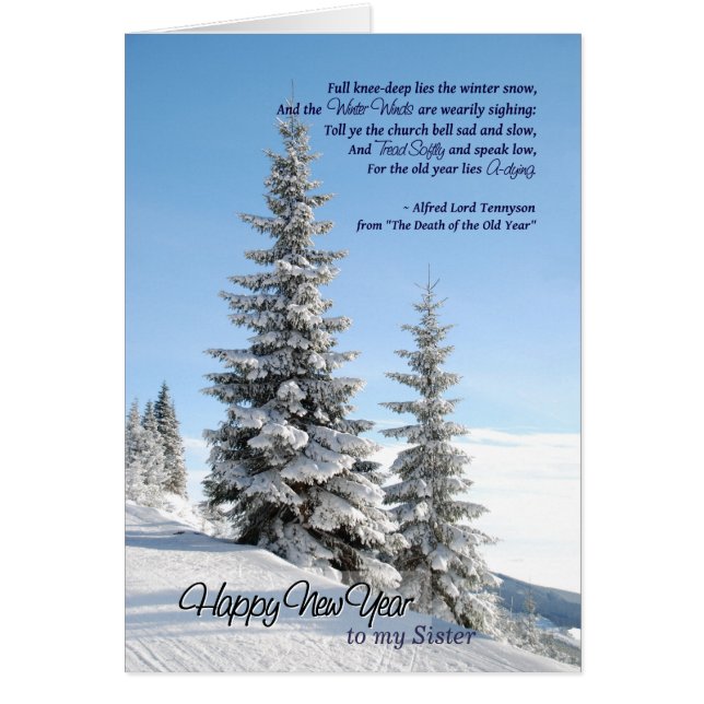 Nya året Snö om barrträd för Syster Tennyson Dikt Hälsningskort (Framsidan)