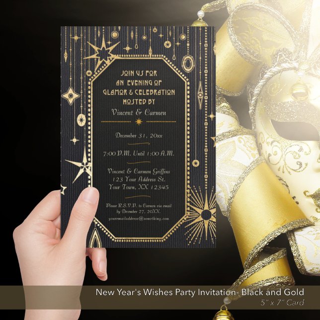 Nya årets inbjudan till partiet Önskemål Black and (New Year's Wishes Black and Gold Party Invitation)